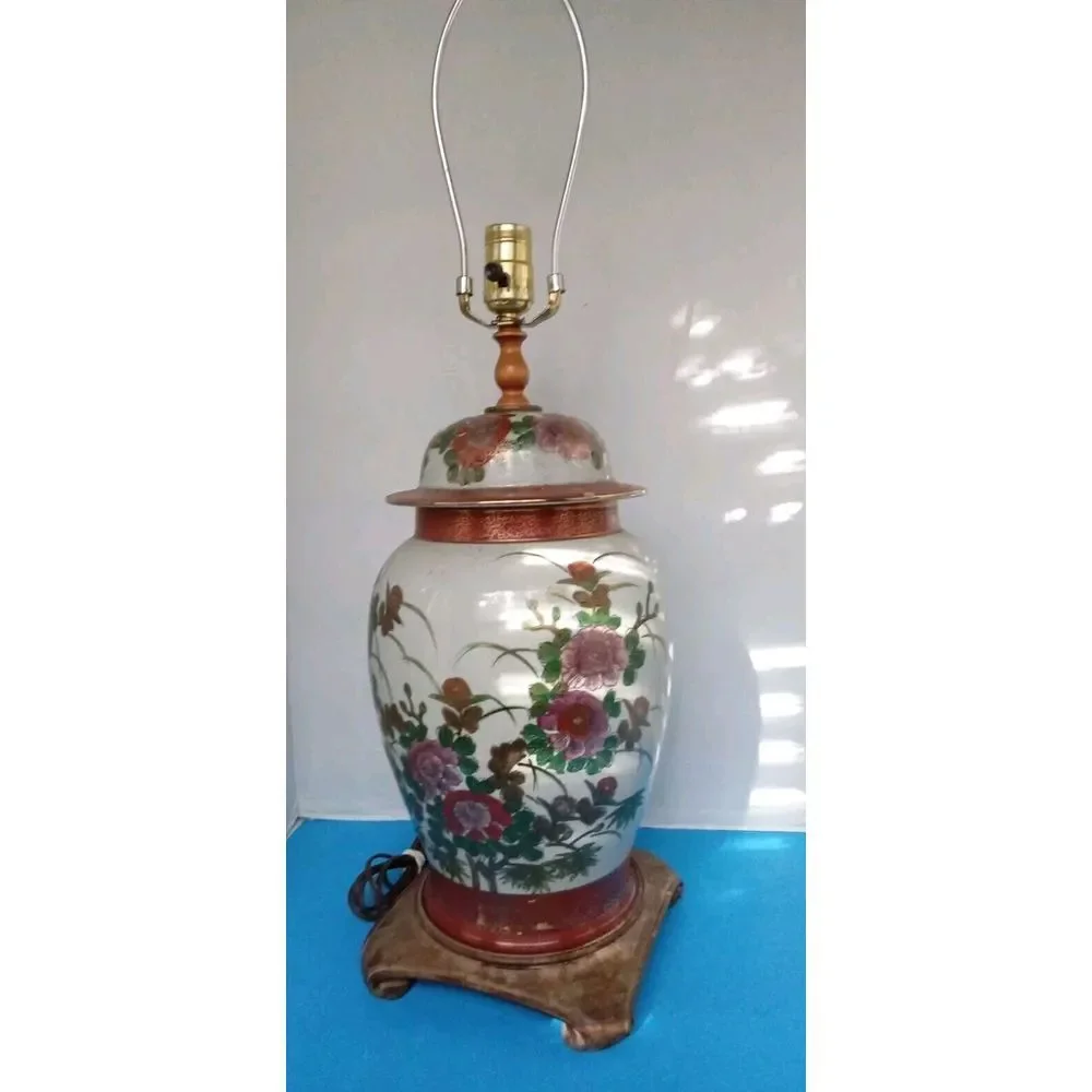 Vintage Floral Ginger Jar Lamp Asian Style Table Lamp Bedside Accent Decor‎